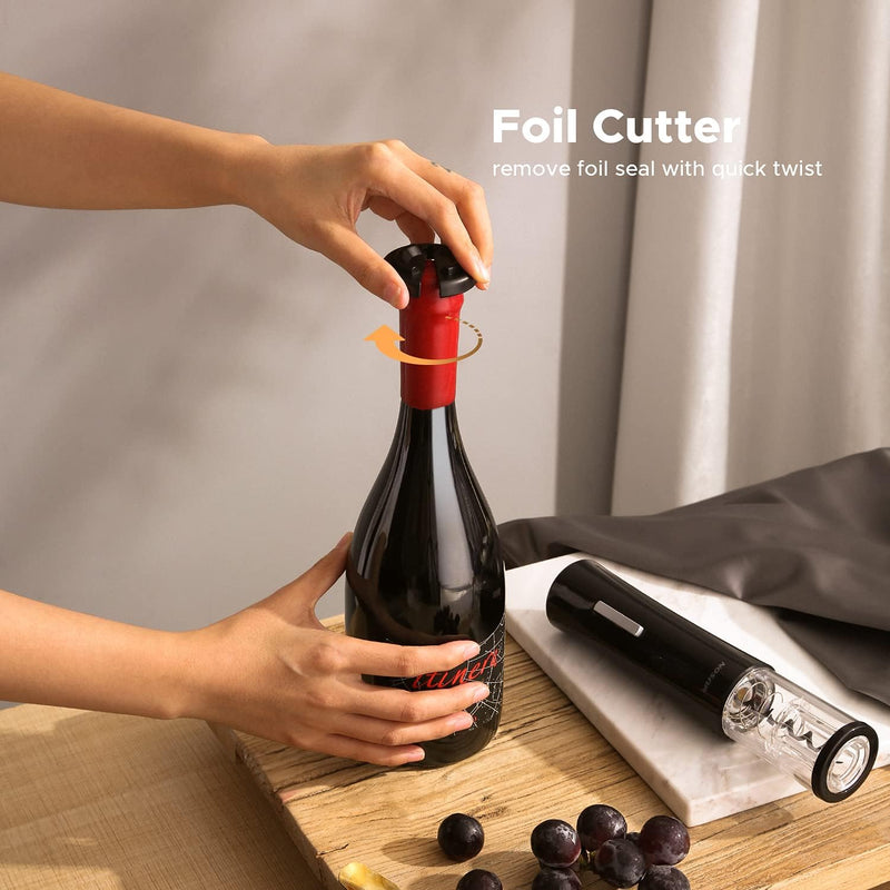 muson abridor de vino eléctrico, sacacorchos automático con cortador de papel de aluminio, 2 tapones de vacío, aireador, abridor de botellas de vino, juego de regalo 4 en 1 con pilas para la cocina casera de los amantes del vino